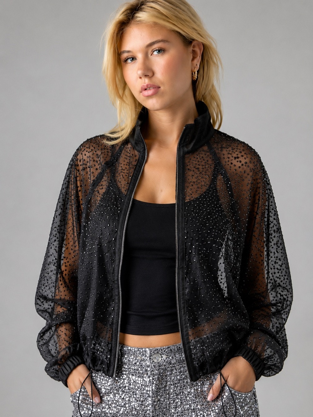 Sheer Embellished Black Zip-Front Jacket